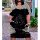 Women Fashion Casual Plus Size Printed V-Neck Short-Sleeve Loose Dress