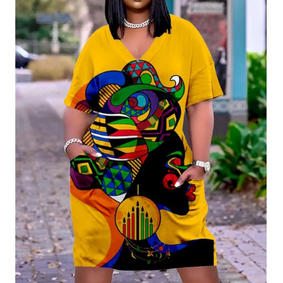 Women Fashion Casual Plus Size Printed V-Neck Short-Sleeve Loose Dress