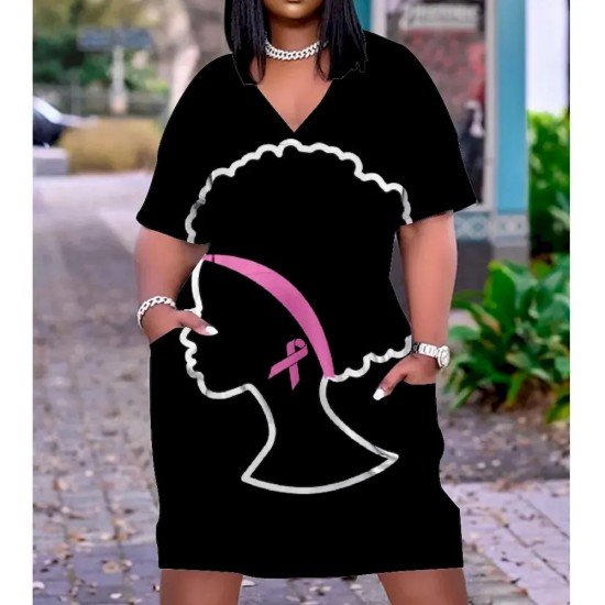 Women Fashion Casual Plus Size Printed V-Neck Short-Sleeve Loose Dress