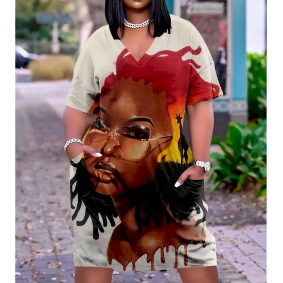 Women Fashion Casual Plus Size Printed V-Neck Short-Sleeve Loose Dress