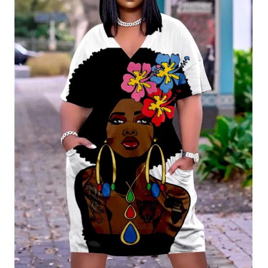 Women Fashion Casual Plus Size Printed V-Neck Short-Sleeve Loose Dress