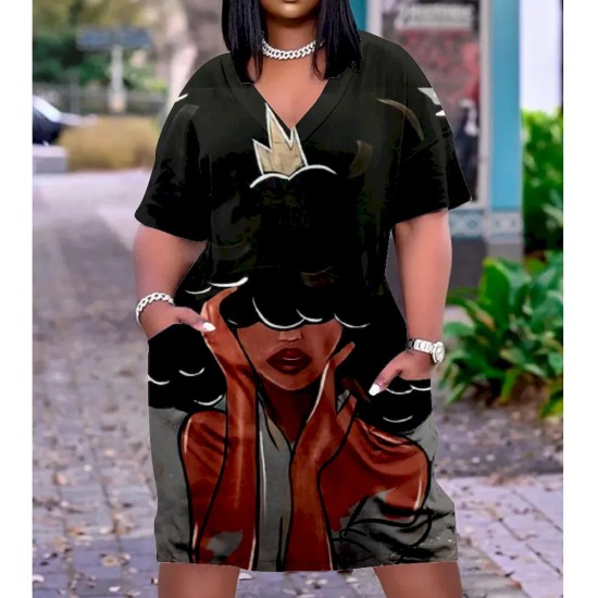 Women Fashion Casual Plus Size Printed V-Neck Short-Sleeve Loose Dress