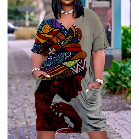 Women Fashion Casual Plus Size Printed V-Neck Short-Sleeve Loose Dress