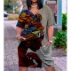 Women Fashion Casual Plus Size Printed V-Neck Short-Sleeve Loose Dress