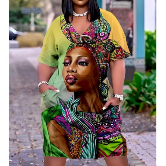 Women Fashion Casual Plus Size Printed V-Neck Short-Sleeve Loose Dress