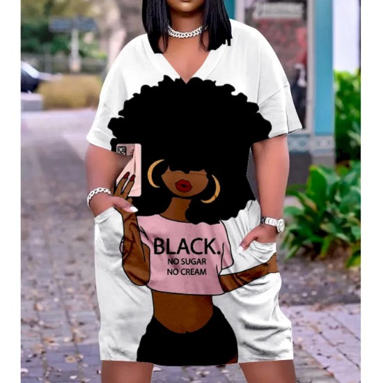 Women Fashion Casual Plus Size Printed V-Neck Short-Sleeve Loose Dress