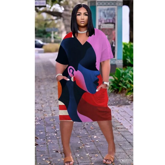 Women Fashion Casual Plus Size Printed V-Neck Short-Sleeve Loose Dress