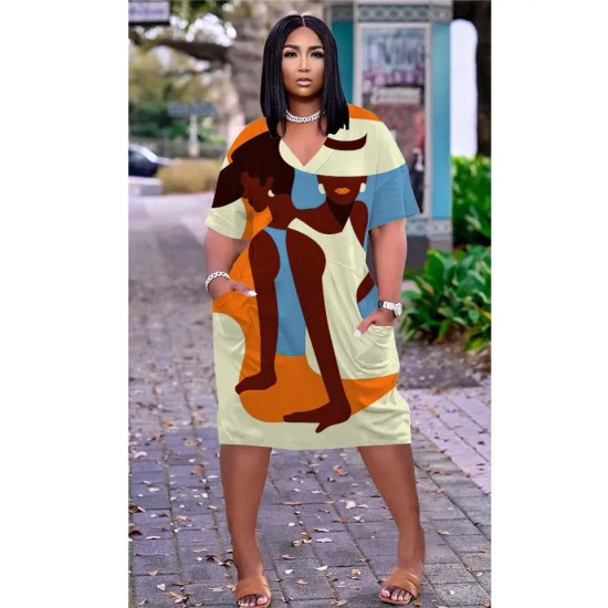 Women Fashion Casual Plus Size Printed V-Neck Short-Sleeve Loose Dress