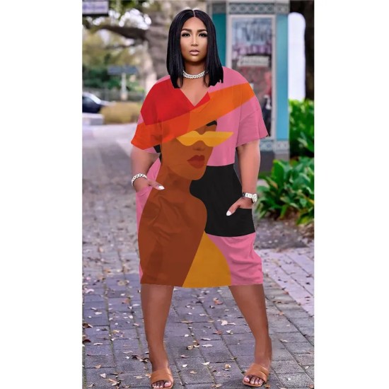 Women Fashion Casual Plus Size Printed V-Neck Short-Sleeve Loose Dress