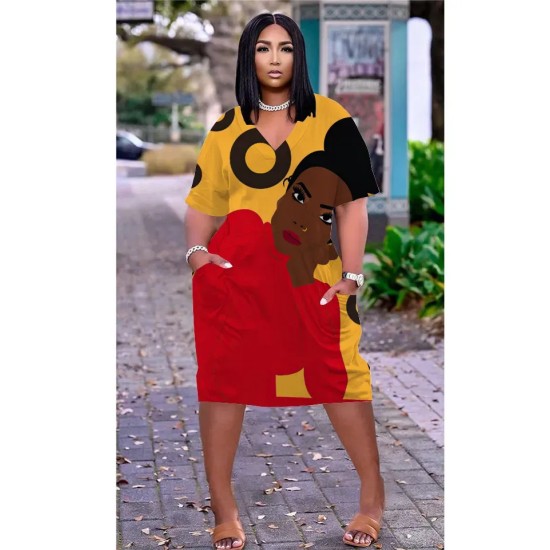 Women Fashion Casual Plus Size Printed V-Neck Short-Sleeve Loose Dress