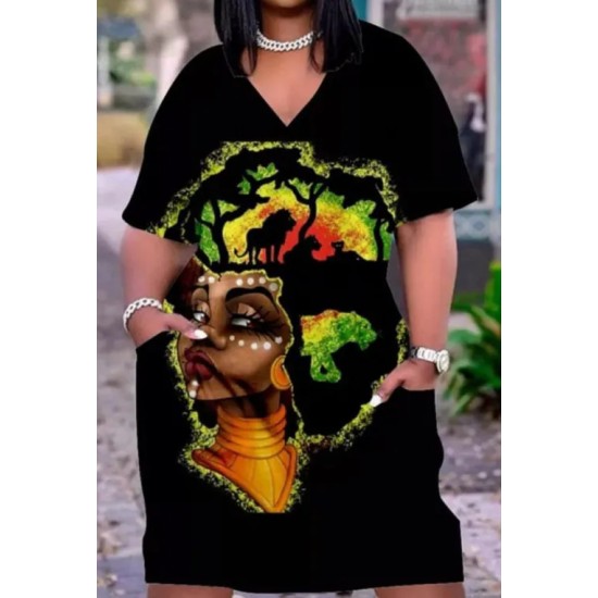 Women Fashion Casual Plus Size Printed V-Neck Short-Sleeve Loose Dress