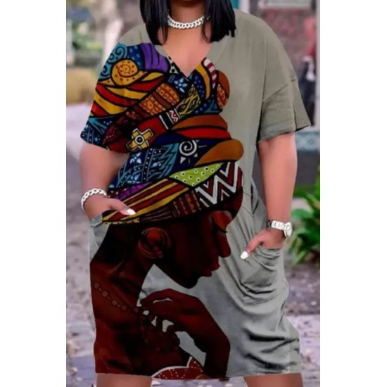 Women Fashion Casual Plus Size Printed V-Neck Short-Sleeve Loose Dress