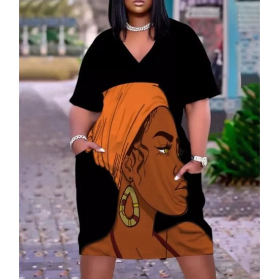 Women Fashion Casual Plus Size Printed V-Neck Short-Sleeve Loose Dress