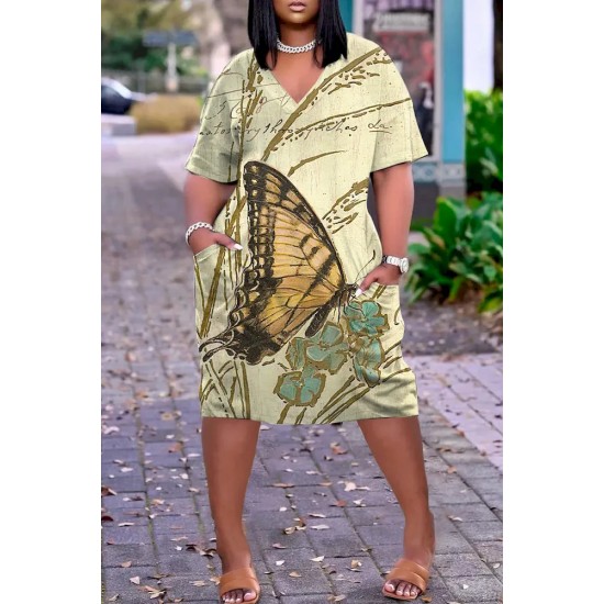 Women Fashion Casual Plus Size Printed V-Neck Short-Sleeve Loose Dress