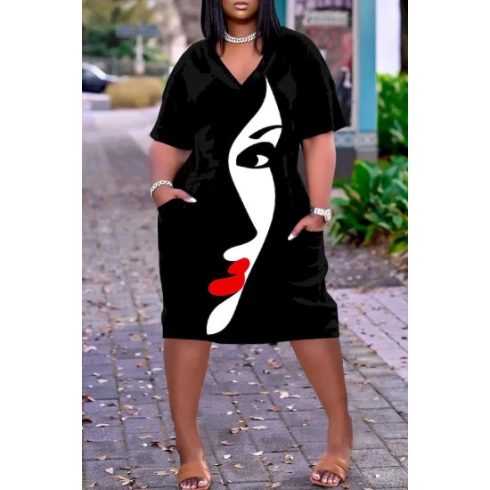 Women Fashion Casual Plus Size Printed V-Neck Short-Sleeve Loose Dress