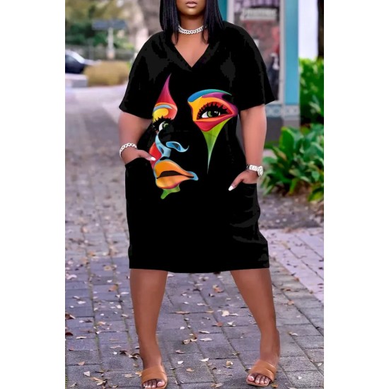 Women Fashion Casual Plus Size Printed V-Neck Short-Sleeve Loose Dress
