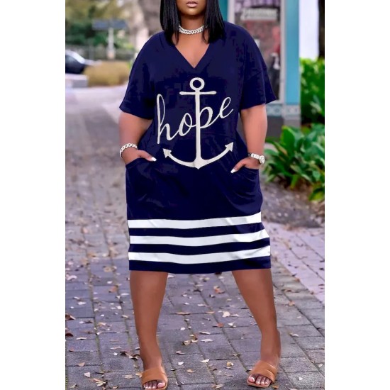 Women Fashion Casual Plus Size Printed V-Neck Short-Sleeve Loose Dress