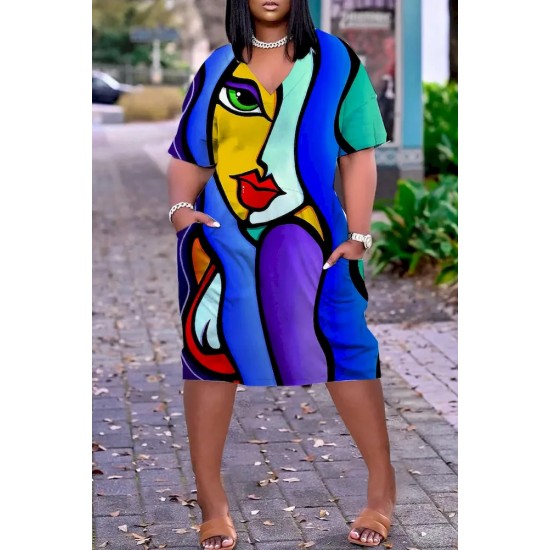 Women Fashion Casual Plus Size Printed V-Neck Short-Sleeve Loose Dress