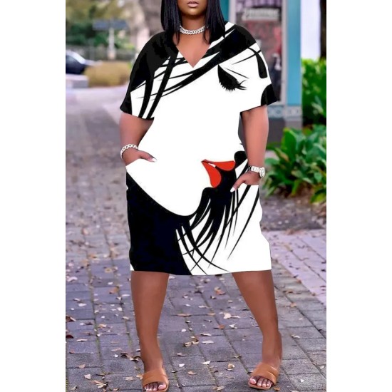 Women Fashion Casual Plus Size Printed V-Neck Short-Sleeve Loose Dress