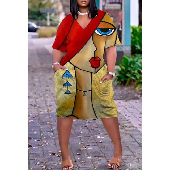 Women Fashion Casual Plus Size Printed V-Neck Short-Sleeve Loose Dress
