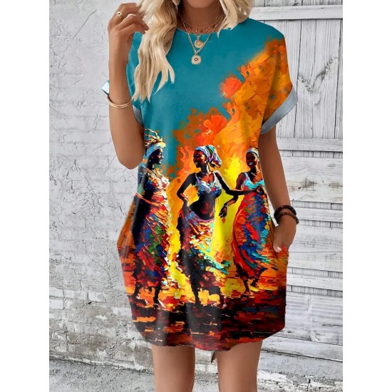 Women Fashion Casual Plus Size Printed V-Neck Short-Sleeve Loose Dress