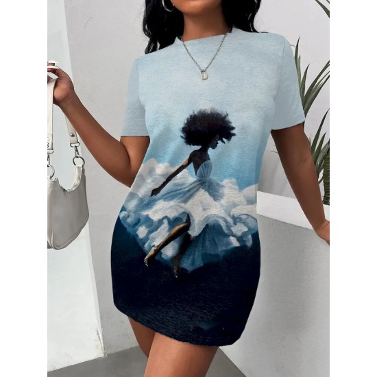 Women Fashion Casual Plus Size Printed V-Neck Short-Sleeve Loose Dress