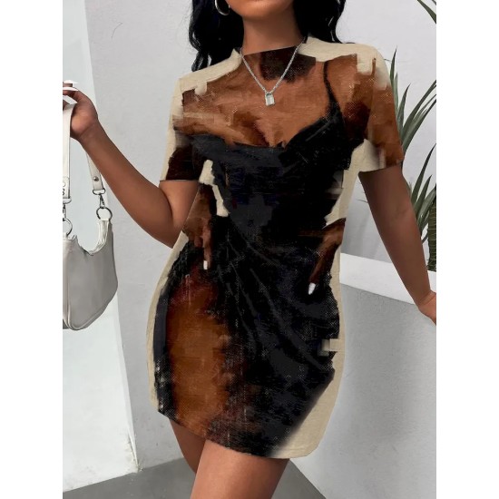 Women Fashion Casual Plus Size Printed V-Neck Short-Sleeve Loose Dress