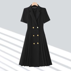 Women Fashion Casual Lapel Short-Sleeve Double-Breasted Pleated Dress