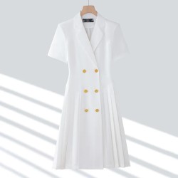 Women Fashion Casual Lapel Short-Sleeve Double-Breasted Pleated Dress